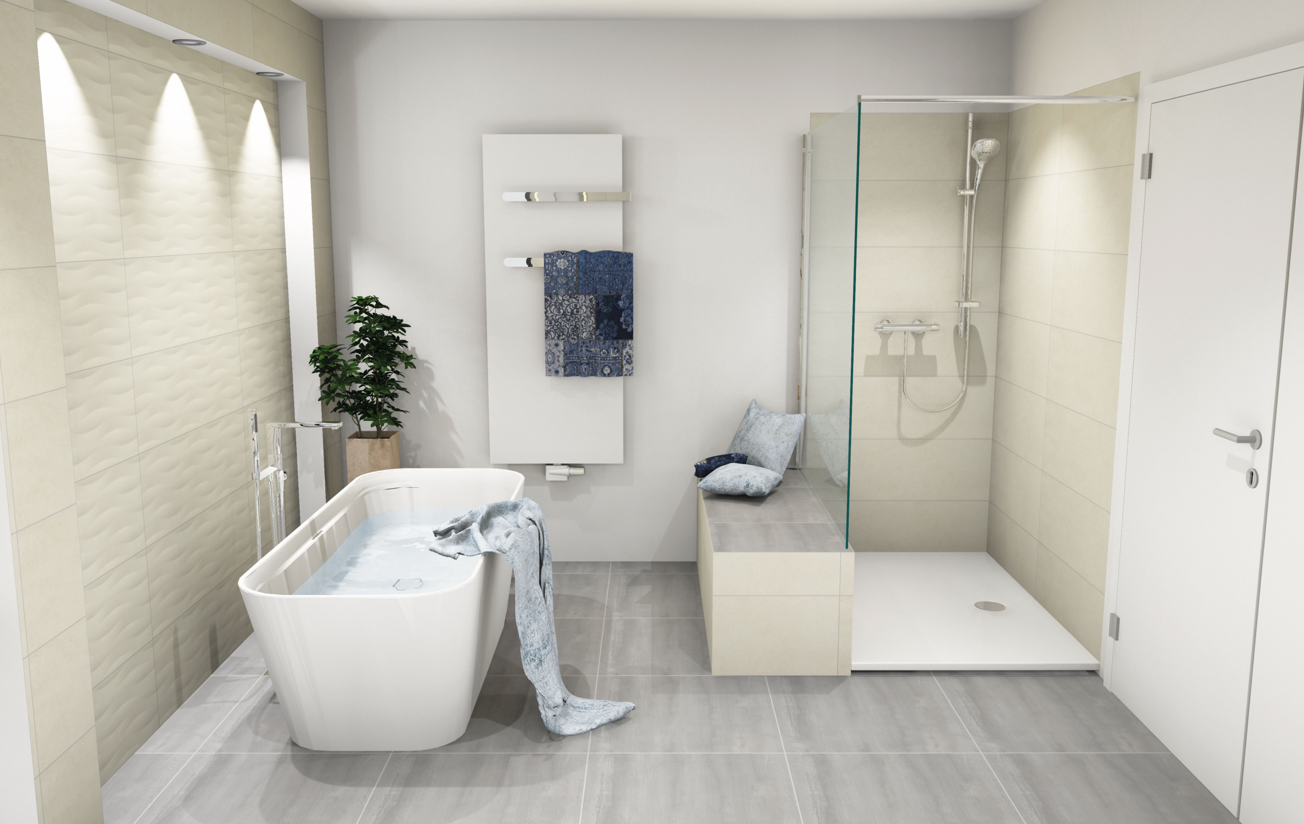 Planungsbeispiel: modernes Badezimmer mit freistehender Badewanne und offener Dusche