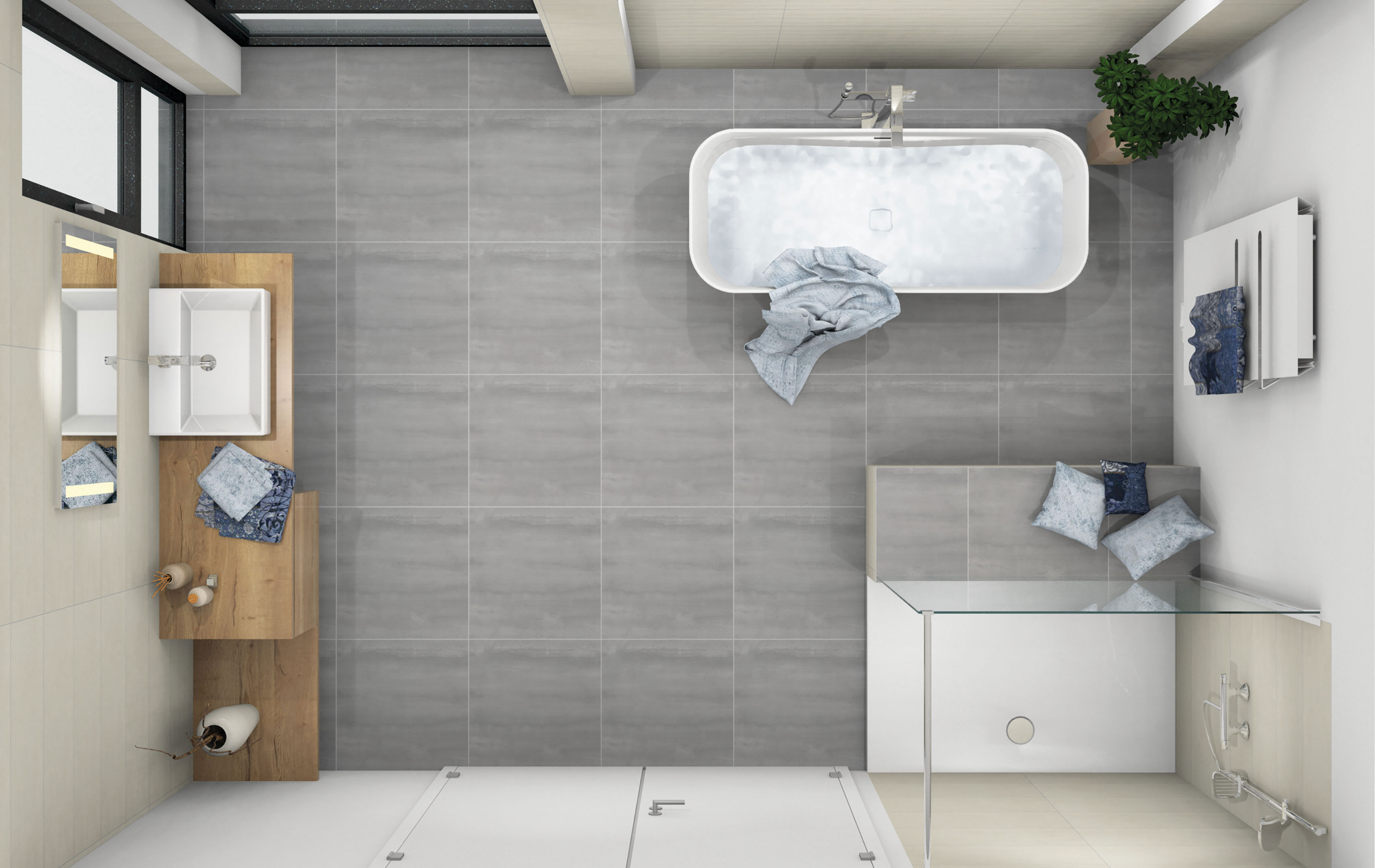 Planungsbeispiel: modernes Badezimmer mit freistehender Badewanne und offener Dusche, Obenansicht
