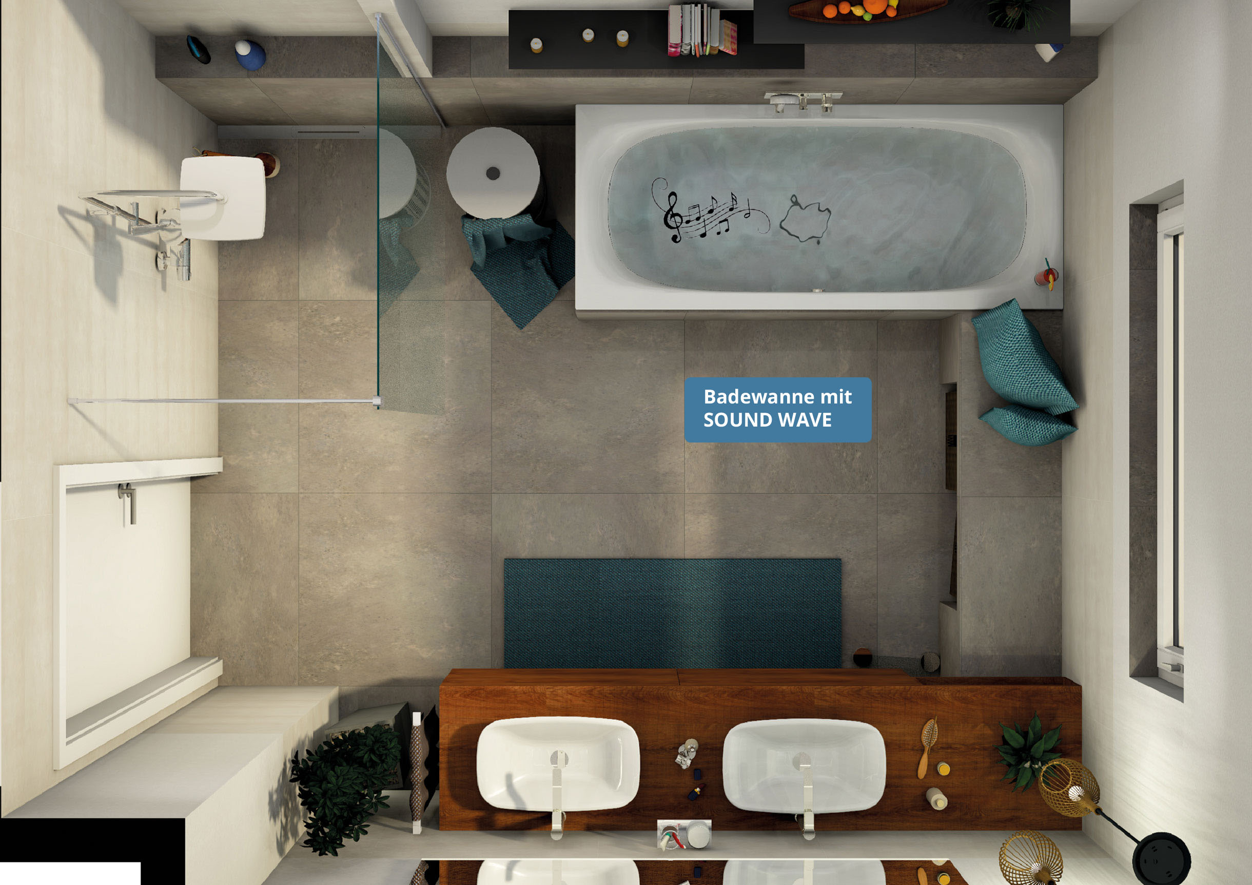 Planungsbeispiel: modernes Badezimmer mit Badewanne mit Sound WAVE; Obenansicht