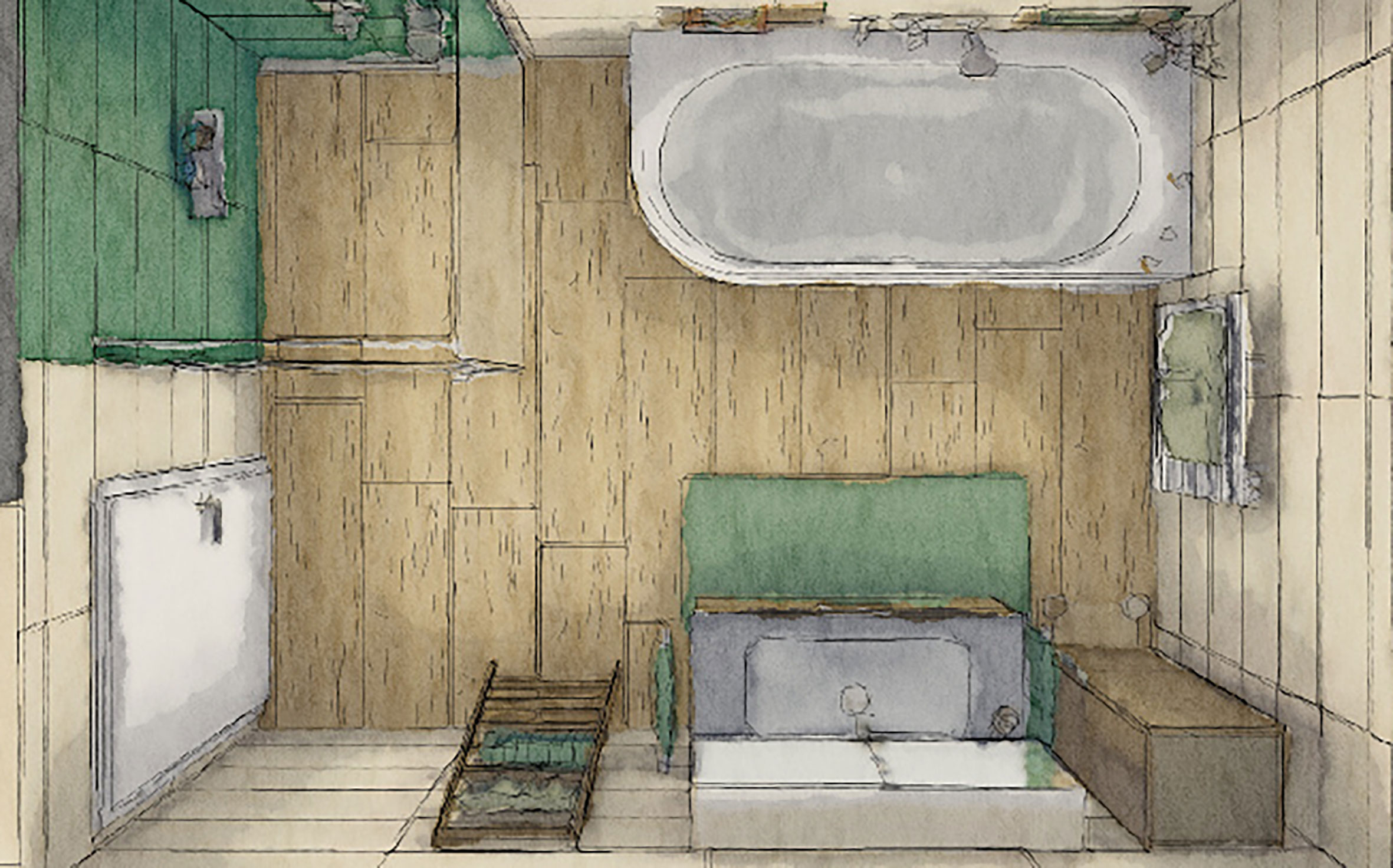 Planungsbeispiel: platzsparendes Bad im modernen Stil, Obenansicht