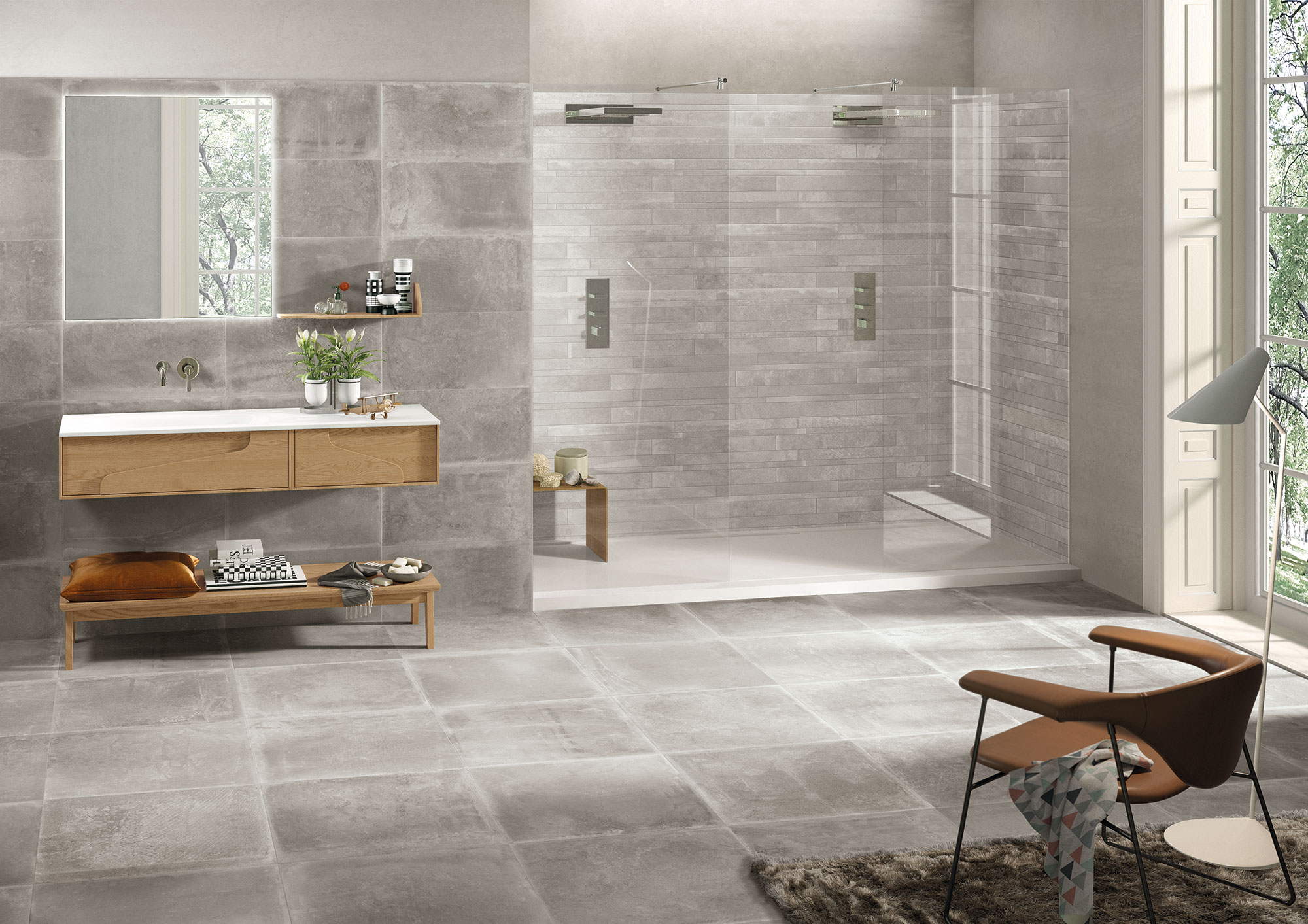 Badezimmer modern: graue Fliesen, schlicht