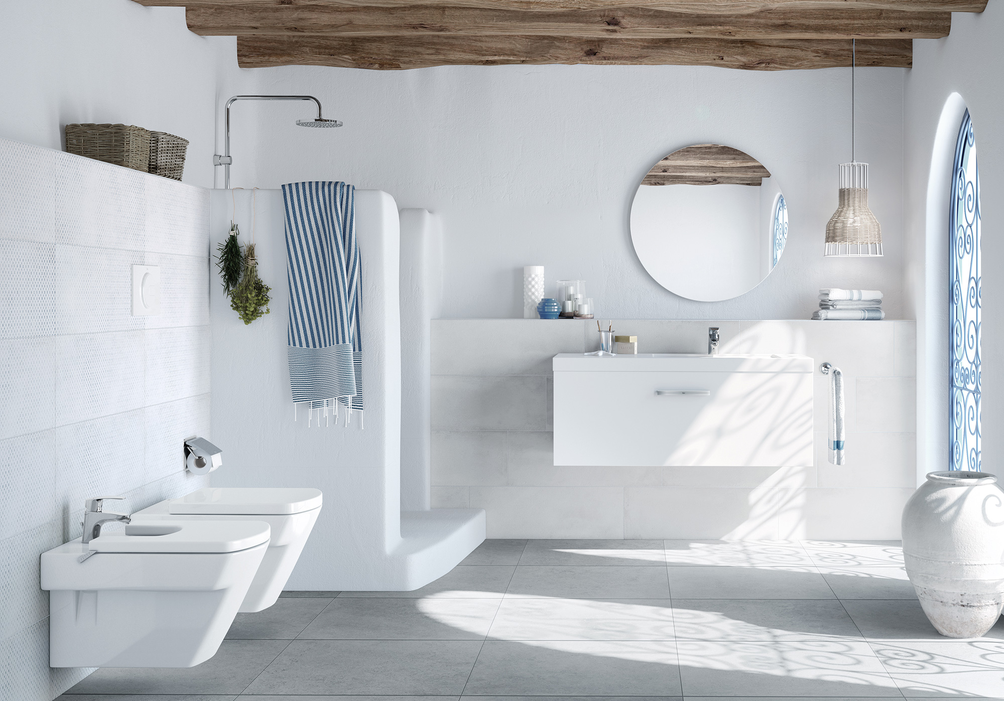 Badezimmer mediterran: sehr hell, weiße Farben