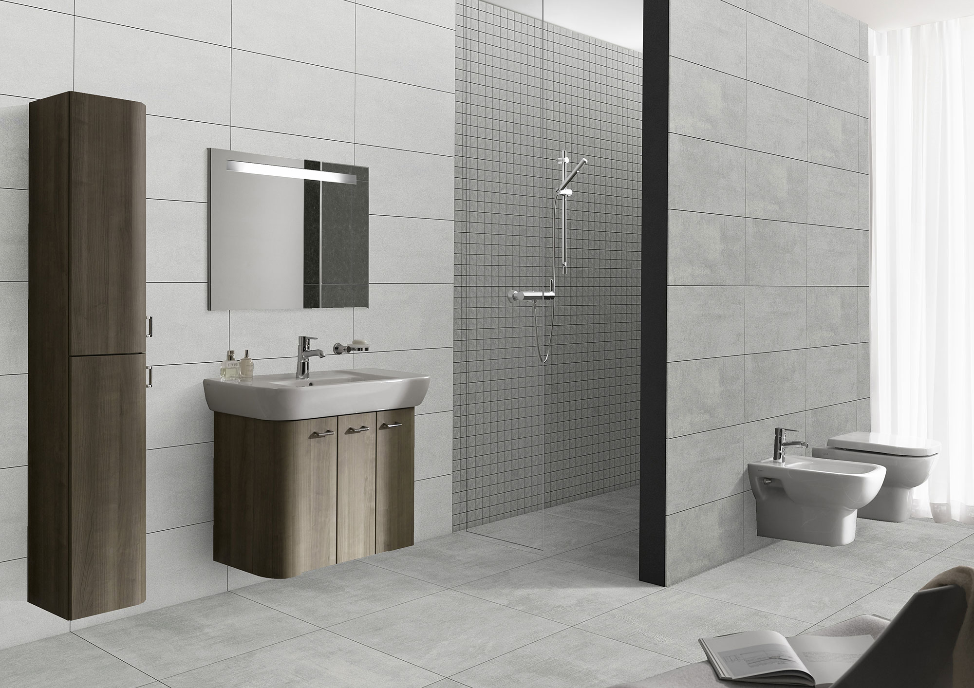 Badezimmer modern: graue Fliesen, dunkelbraune Möbel