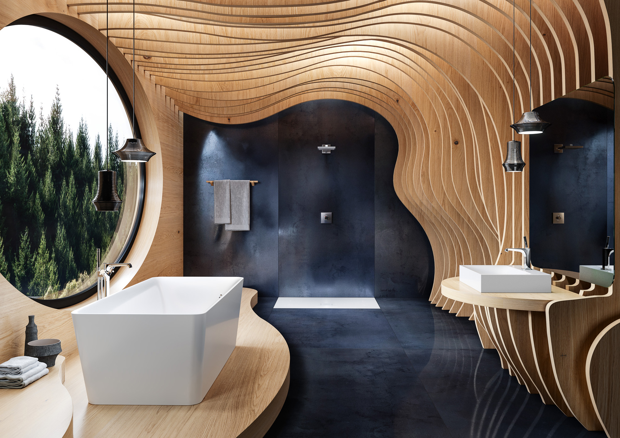 Badezimmer Avantgarde: ausgefallene Holztechnik