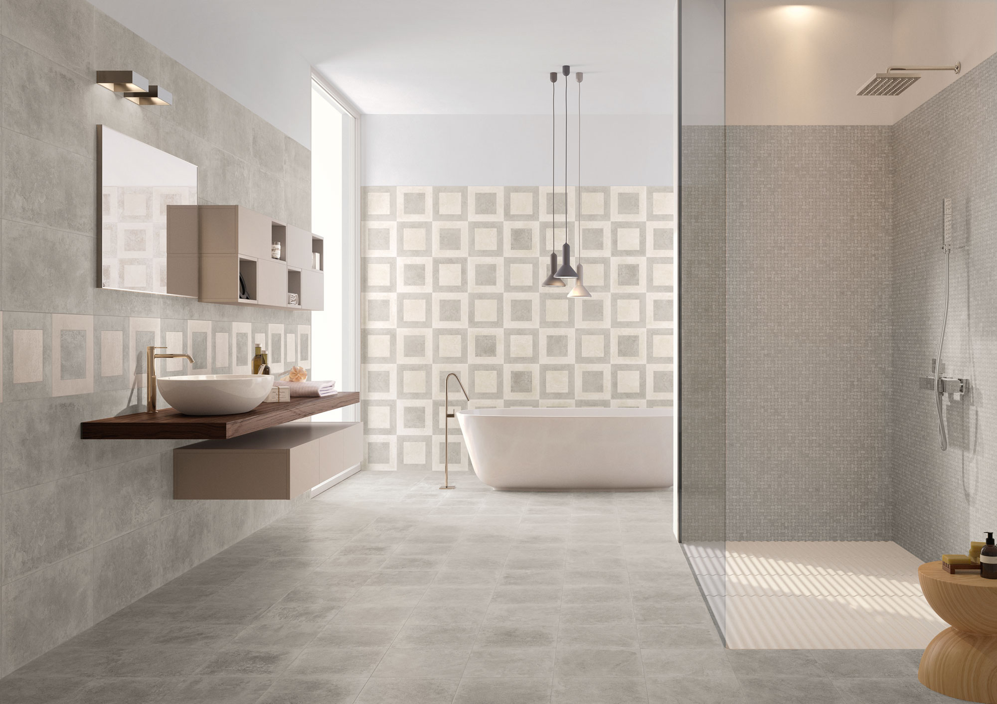 Badezimmer futuristisch: Wand mit Muster, offene Regendusche