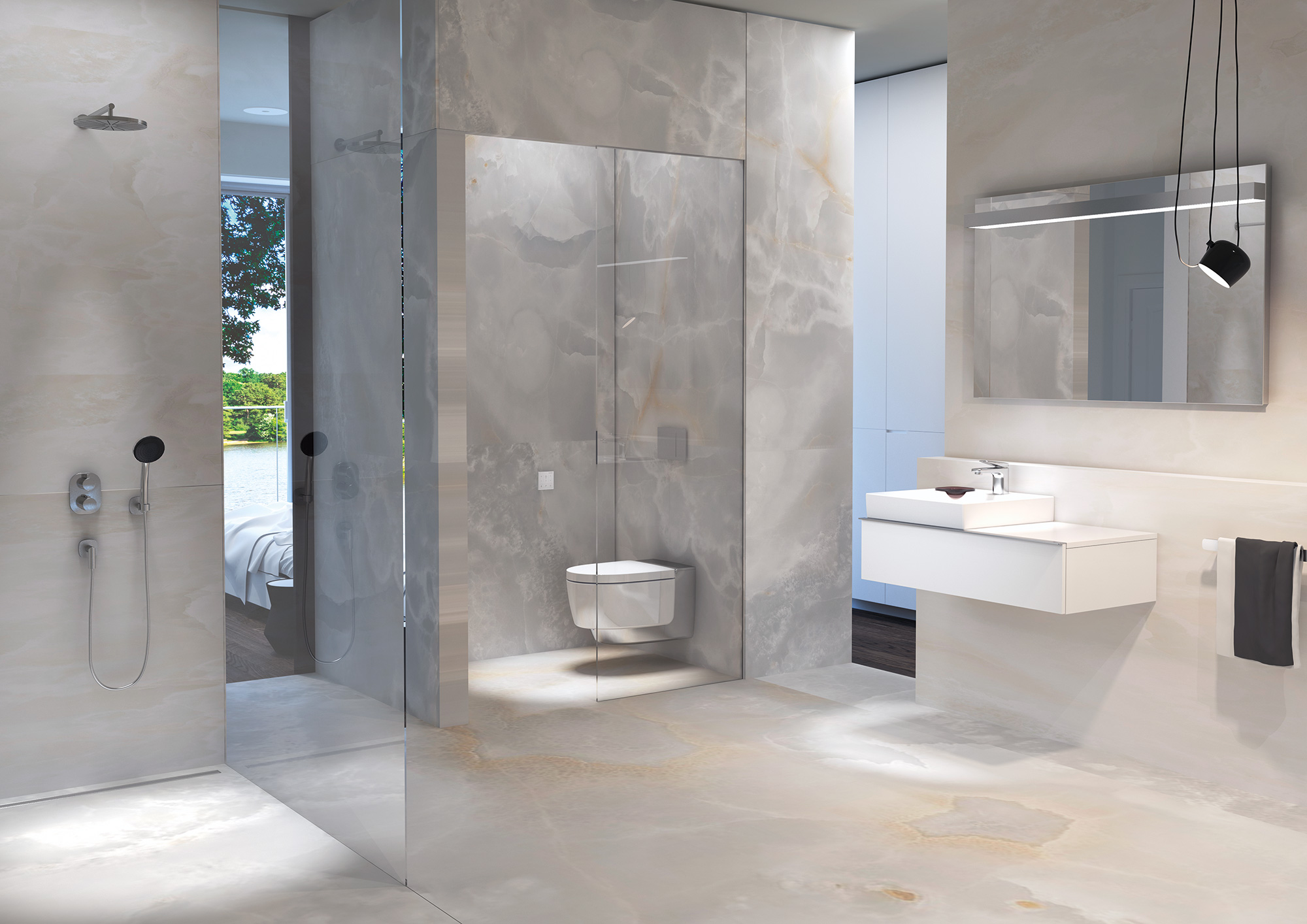 Badezimmer modern: Stein, schlicht, sehr moderne Einrichtungen