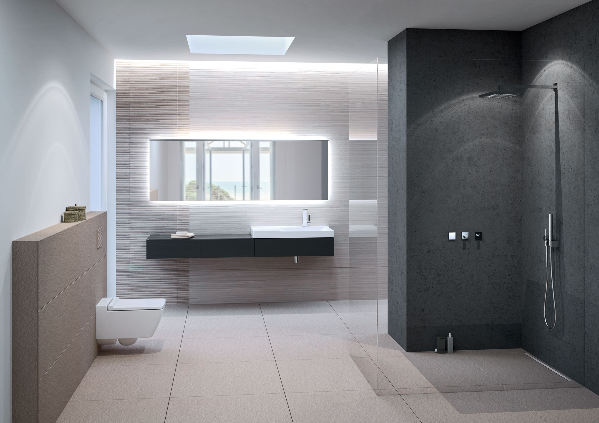 Badezimmer barrierefrei: Dusche mit schwarzen Fliesen, weiße Wand