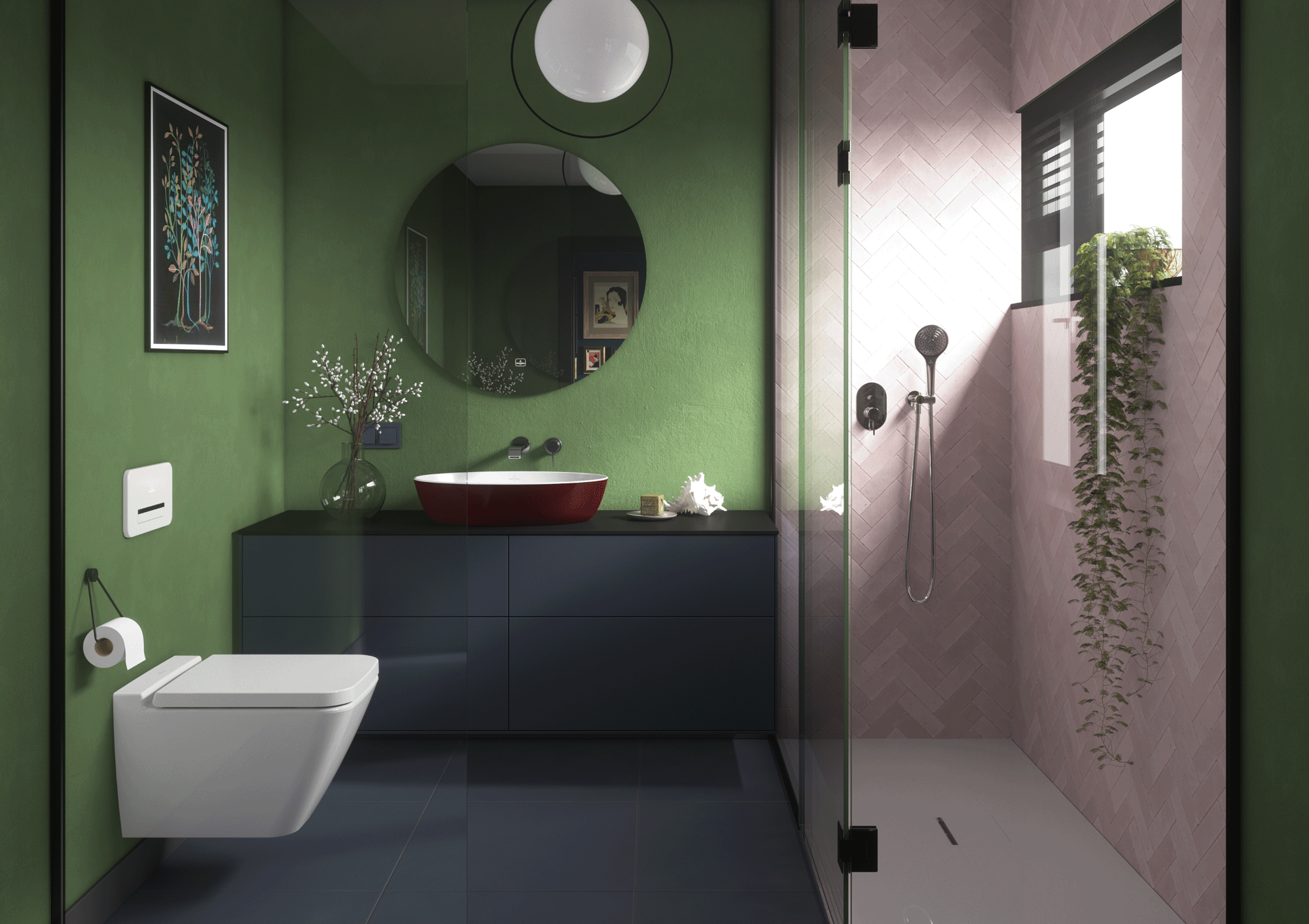 Farbe im Bad: grüne Wände, bodengleiche Dusche, schwarzer Unterschrank, weißes Waschbecken