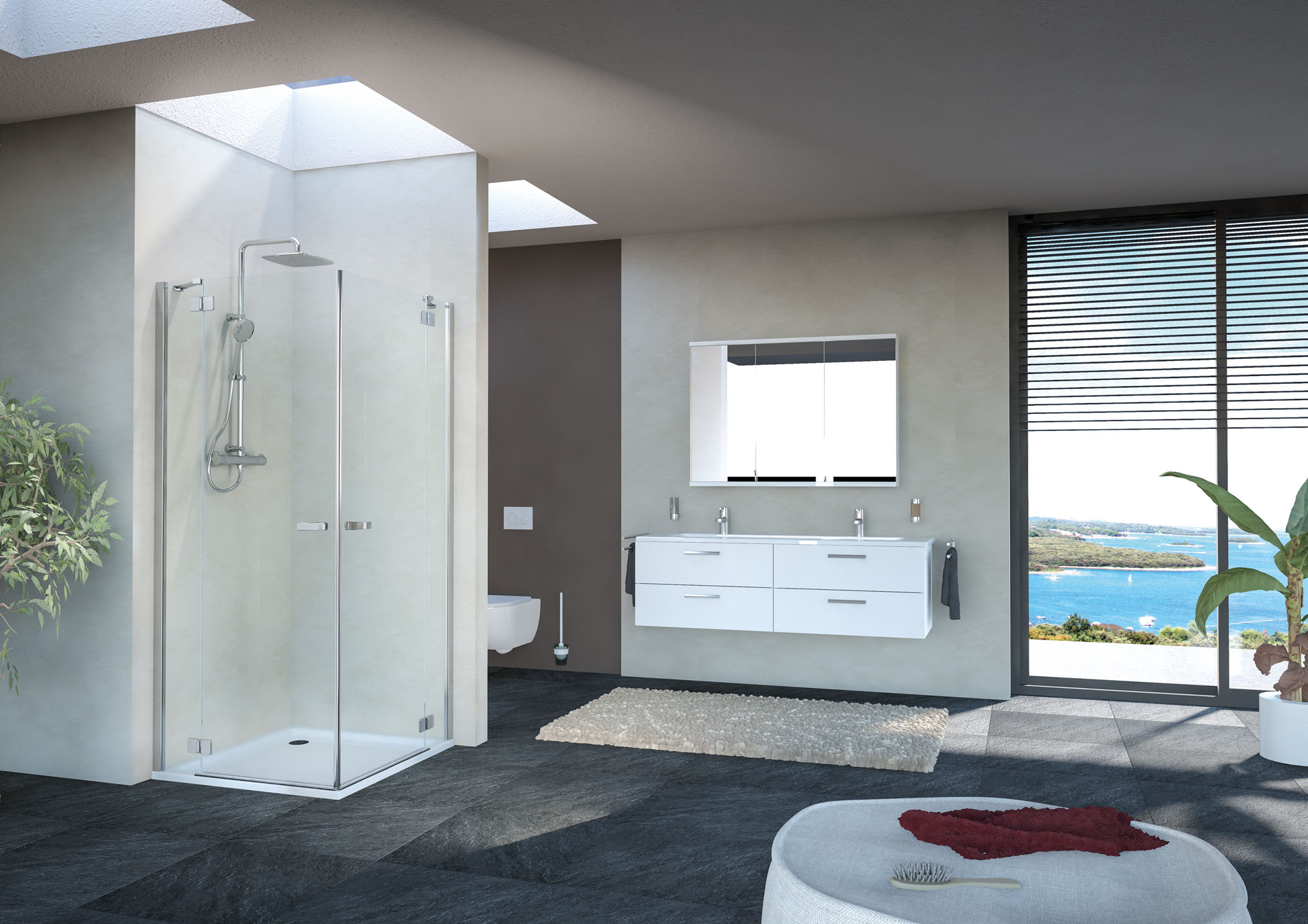 luxus: Dusche mit Deckenfenster, Doppelwaschbecken