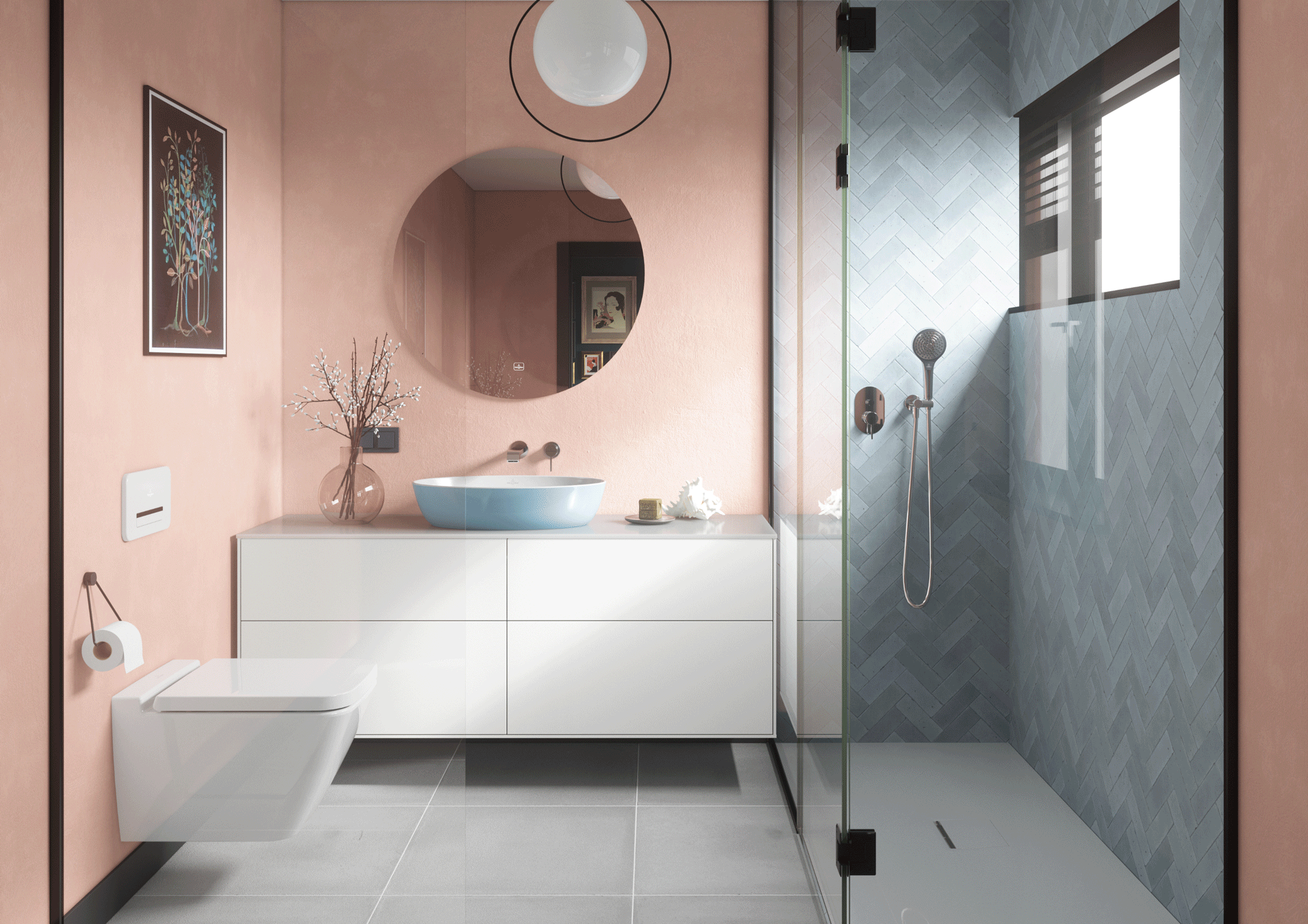Farbe im Bad: rosa Wand, blaue Dusche