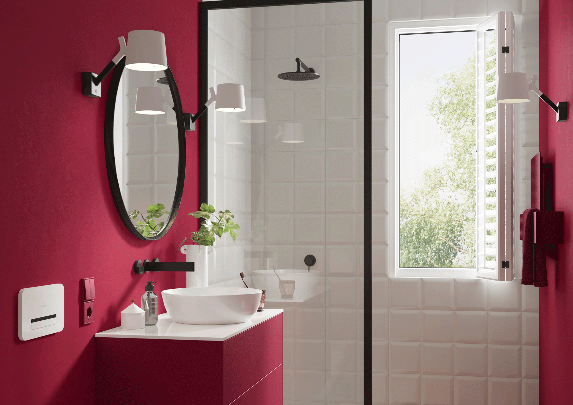 Farbe im Bad: rote Wände und roter  Unterschrank
