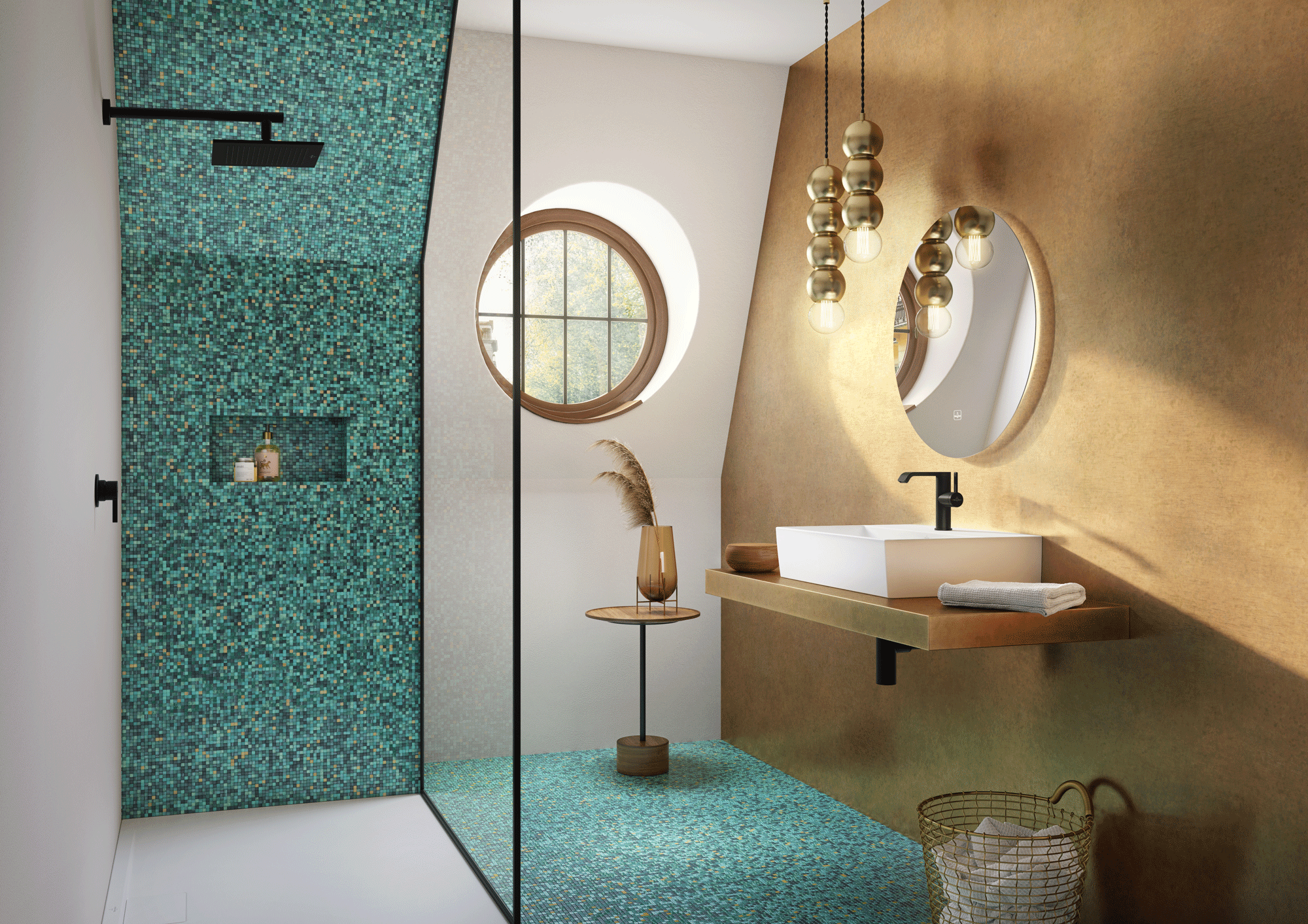 Farbe im Bad: Dusche mit grünen Fliesen und braune Wand