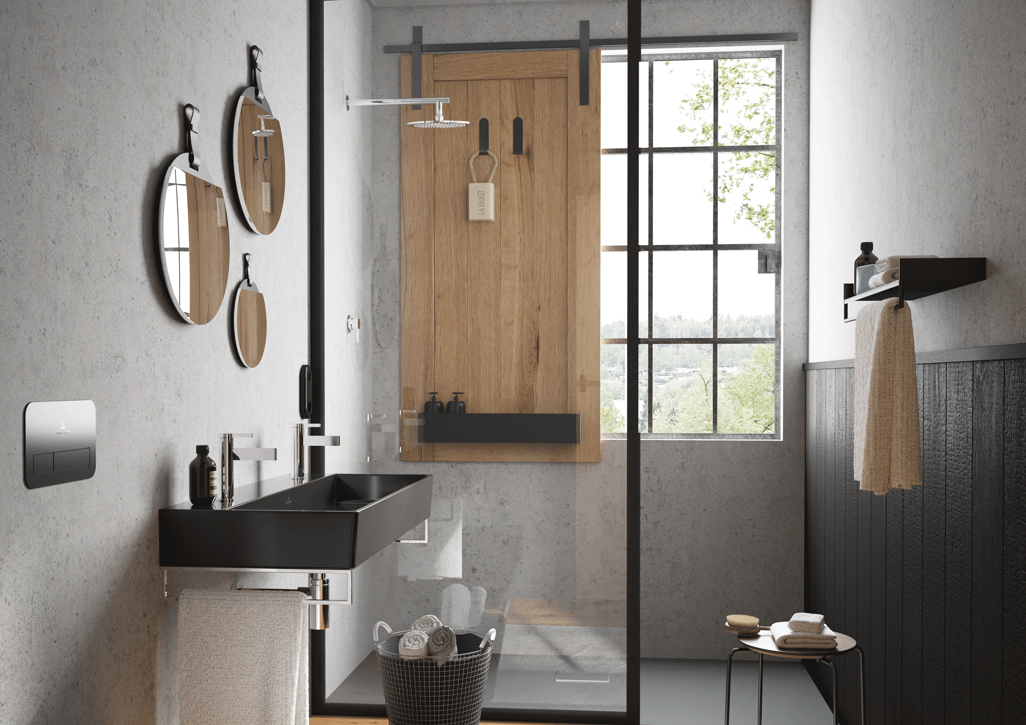 modernes Bad, 3 runde Spiegel, bodengleiche Dusche